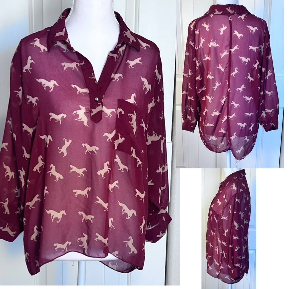 Excuse Me Miss Burgundy Horse Print Sheer Long Sleeve Button Down Top Sz Large